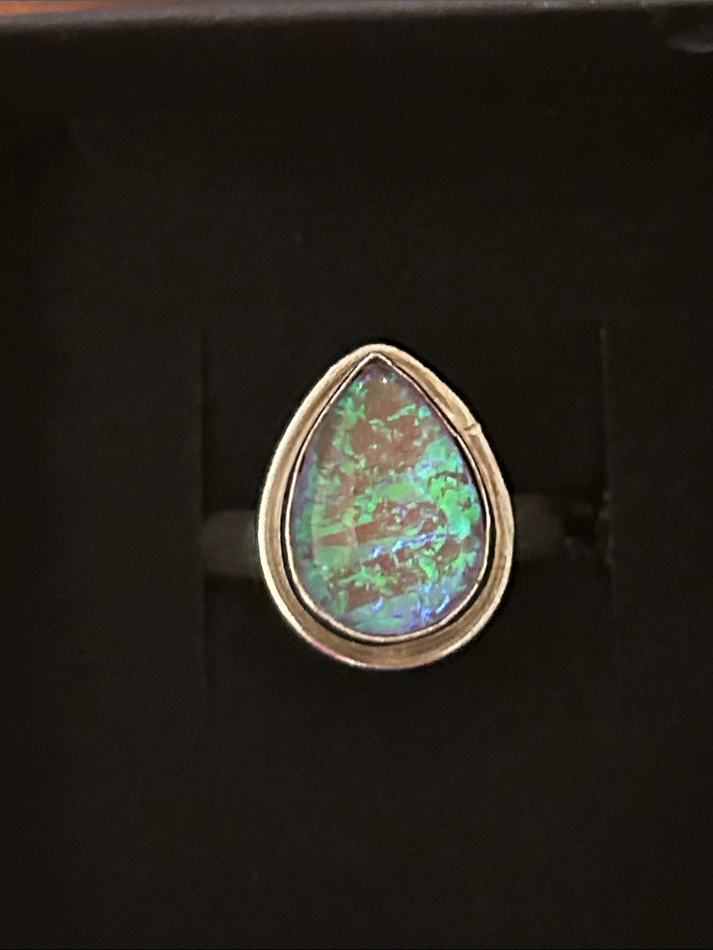 Sterling Silver Teardrop Opal Ring - Green Blue Fire